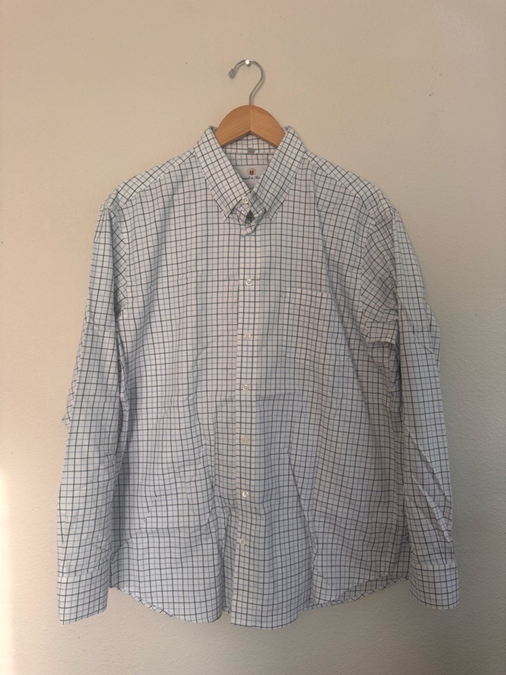 Men's size 44 Blue and White Windowpane Button-Down Shirt by Daniels and Korff